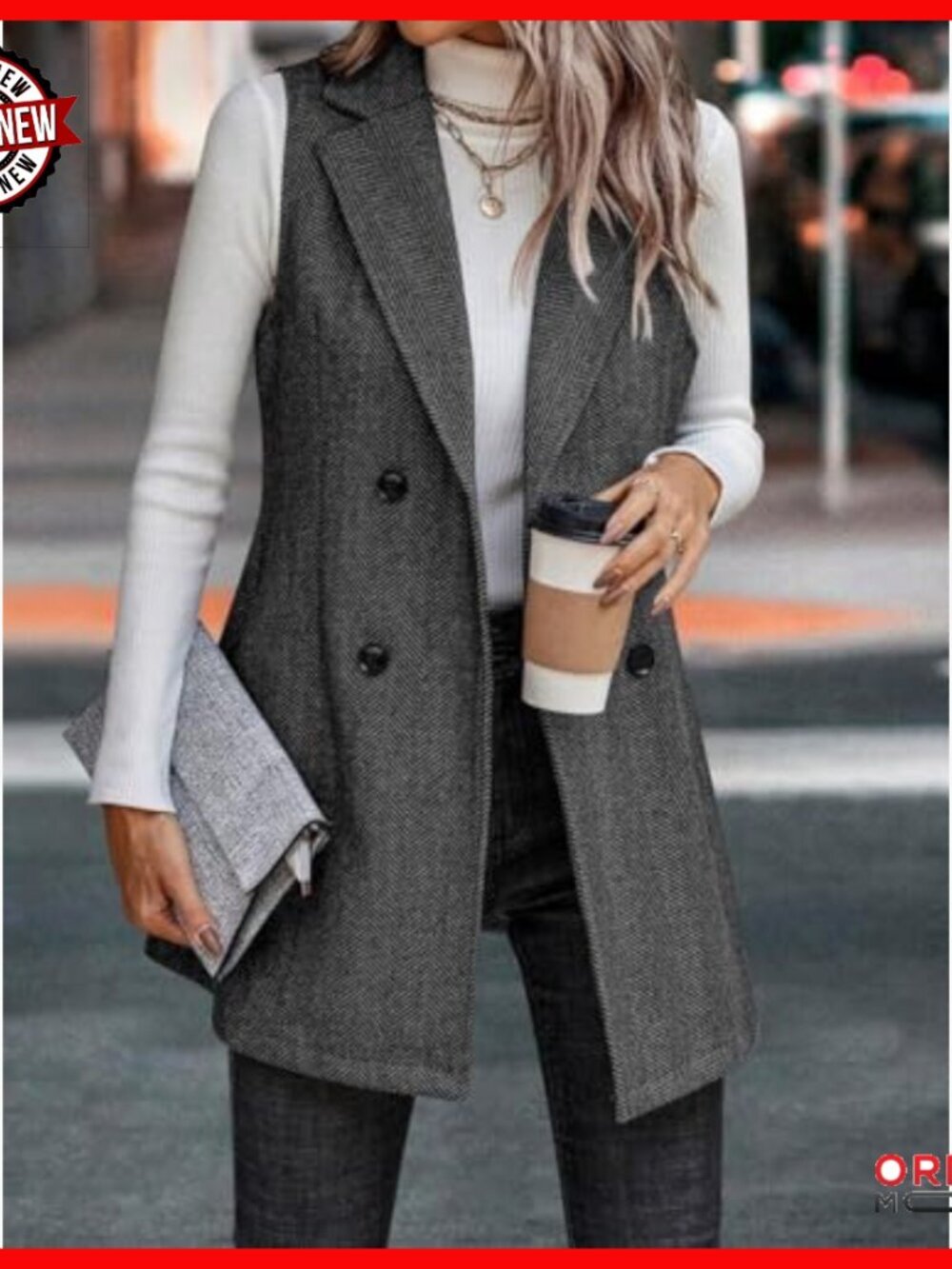 Wool Blend Long Vest Sleeveless Blazer Trench Style Button Front - Picture 5 of 5